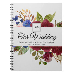 Carnet Bourgogne bleu rose Fleurs Nouveaux mariés Cadeaux