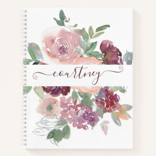 Carnet Bourgogne et floral aquarelle rose personnalisé