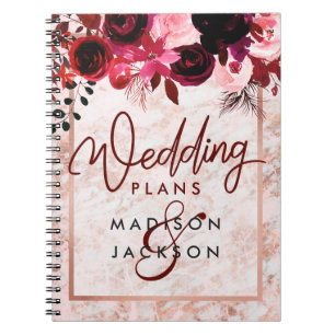 Carnet Bourgogne Floral & Rose Gold Marble Wedding planne