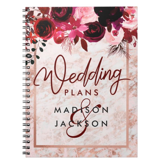 Carnet Bourgogne Floral & Rose Gold Marble Wedding planne (Devant)