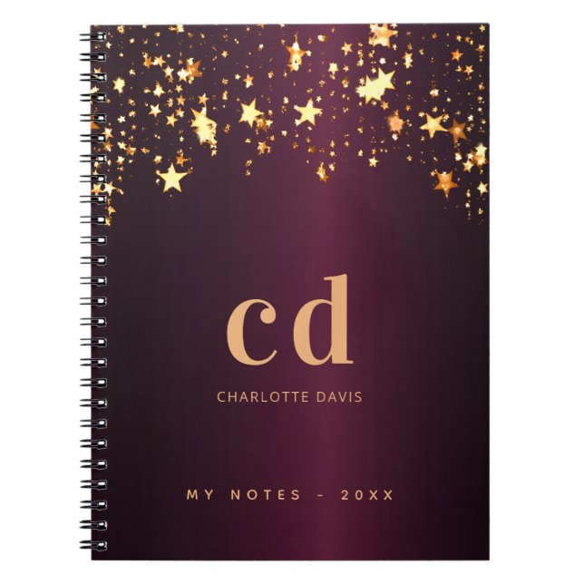 Carnet Bourgogne or étoiles monogramme initiales luxe (Devant)