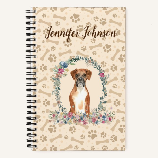 Carnet Boxer Chien Empreinte de patte & Floral Cute (Recto)