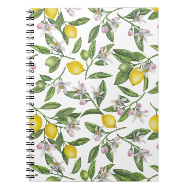 Carnet Branches de citron avec fleurs et fruits sur blanc (Devant)