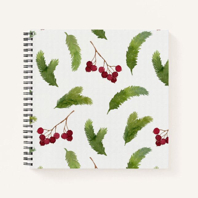 Carnet Branches de pin d'aquarelle et Motif de baies roug (Devant)