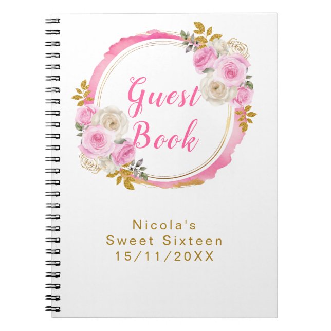 Carnet Bright Pink and Gold Elegant Flowers Sweet Sixteen (Devant)