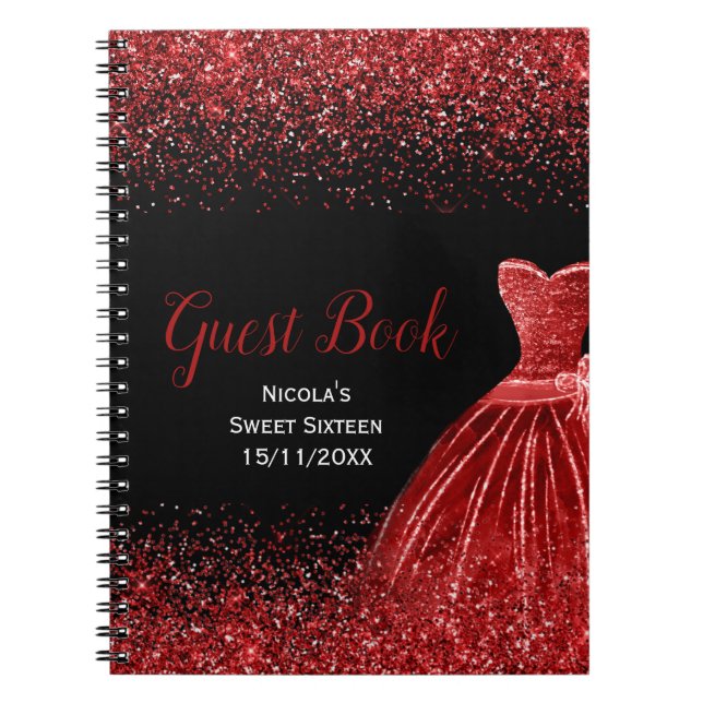 Carnet Bright Red Dress Faux Glitter Sweet 16  Guest Book (Devant)