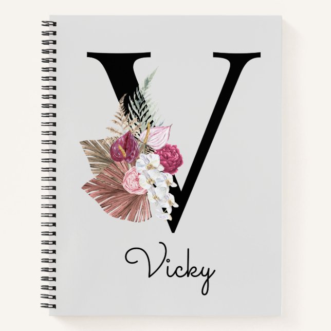 Carnet Broderie Rose Boho Floral Initiale V (Devant)