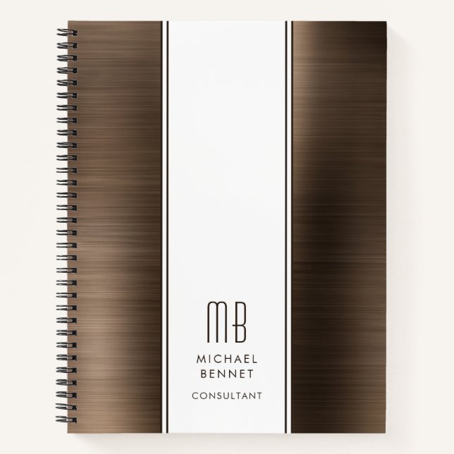 Carnet Bronze Marron Métallisé Brossé Affaires Monogrammé (Devant)