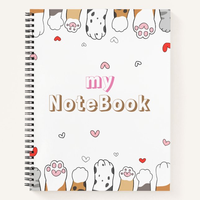 Carnet Brun Gris Blanc Pattes de chats mignons 21,59 cm x (Devant)