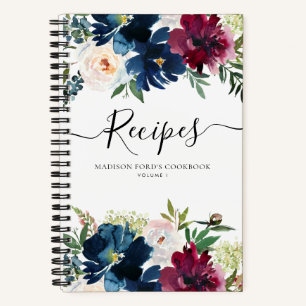 Carnet Budget Floral Navy Blue Burgundy Aquarelle Recette