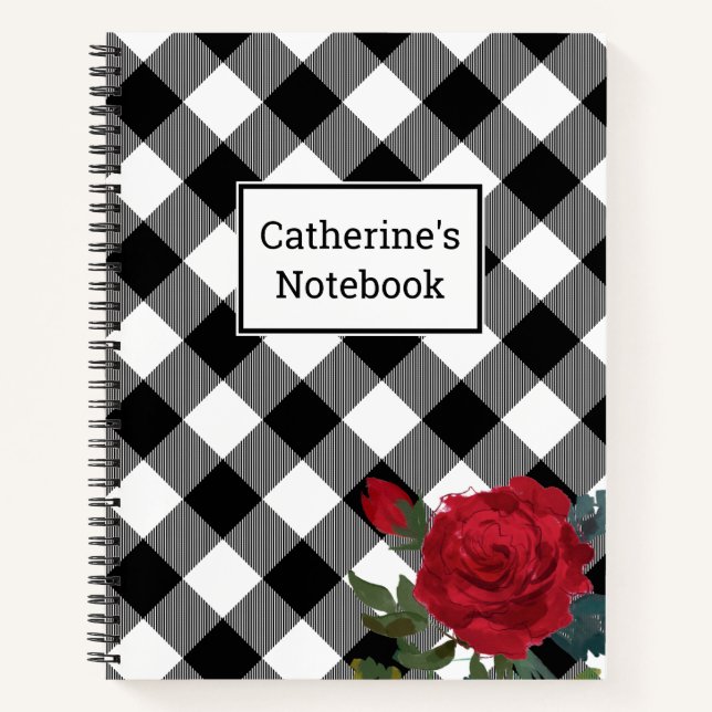 Carnet Buffle noir et blanc plaid Rose rouge personnalisa (Devant)