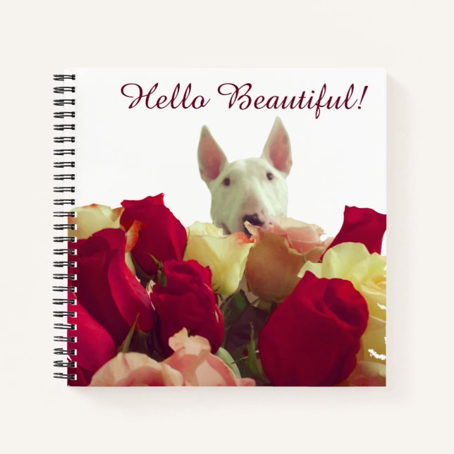 Carnet Bull terrier avec salutation rose - Hello Beautifu (Devant)