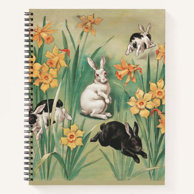 Carnet Bunnies mignons aux fleurs de jonquille Antique Pâ (Devant)