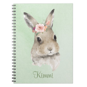 Carnet Bunny Rabbit Watercolor Green Floral Name Cute