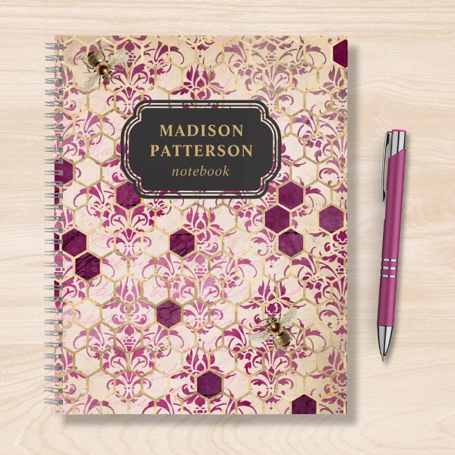 Carnet Burgundy Bee Damask Girly Chic Nom moderne (Créateur téléchargé)