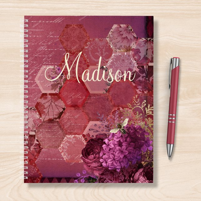 Carnet Burgundy Bee Floral Girly Chic Nom moderne (Créateur téléchargé)
