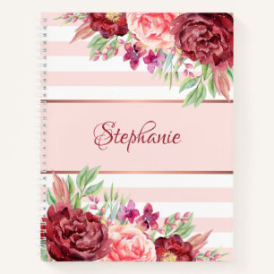 Carnet Burgundy Blush Floral Pink Stripes Personnalisé