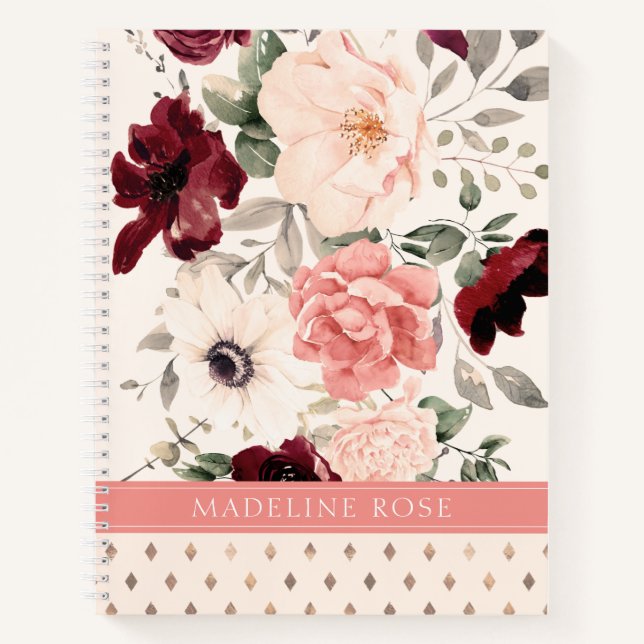 Carnet Burgundy Blush rose Floral Aquarelle Nom (Devant)