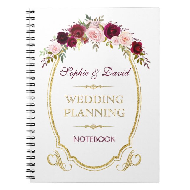 Carnet Burgundy Marsala Floral Mariage de automne Planner (Devant)