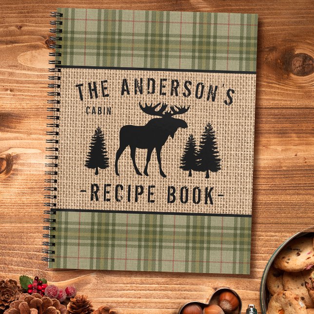 Carnet Cabine de famille Moose Trees Plaid Burlap Recette (Several sizes and page styles to choose from.)