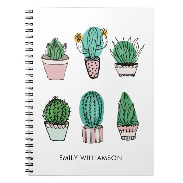 Carnet Cacti succulents illustration personalized name (Devant)