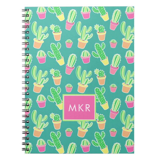 Carnet Cactus au néon d'aquarelle dans le motif de pots (Devant)