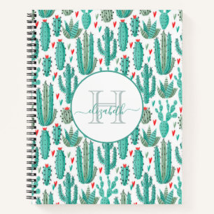 Carnet Cactus vert blanc motif monogramme