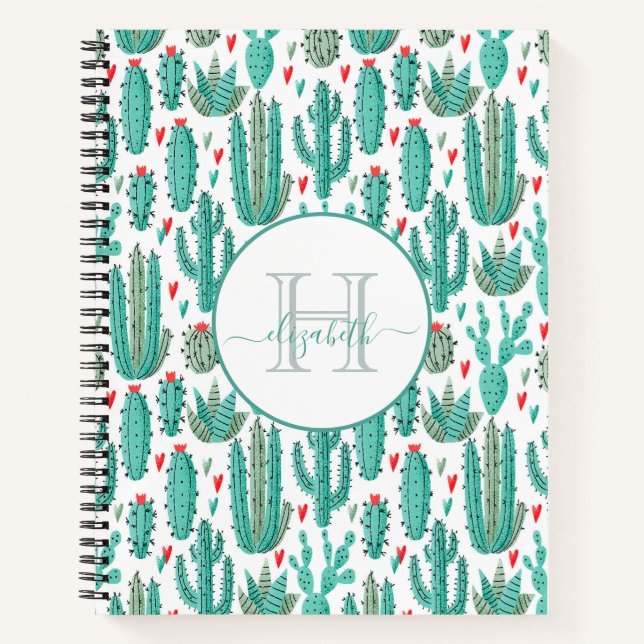 Carnet Cactus vert blanc motif monogramme (Devant)