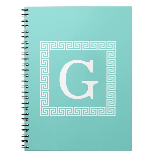 Carnet Cadre Turquoise Blanc Clé Grecque #1 Monogramme In (Devant)