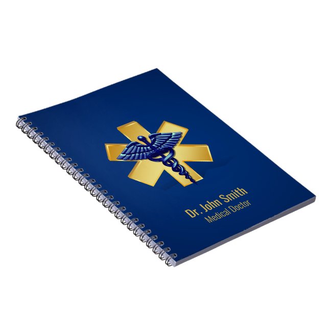 Carnet Caducée 3D médical bleu Croix d'or (Côté Droit)