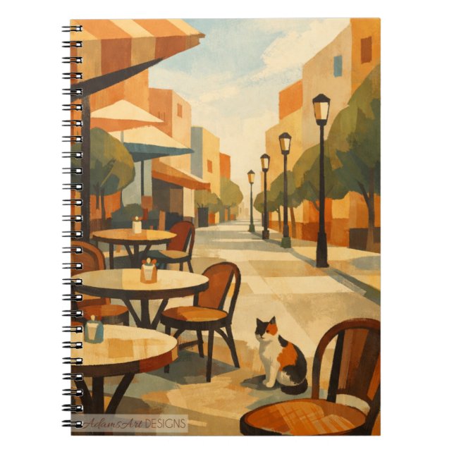 Carnet Café ensoleillé avec un chat calicot (Devant)