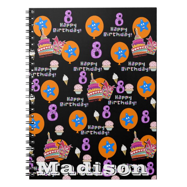 Carnet Cahier, #8 Joyeux 8e anniversaire Notes Noir (Devant)