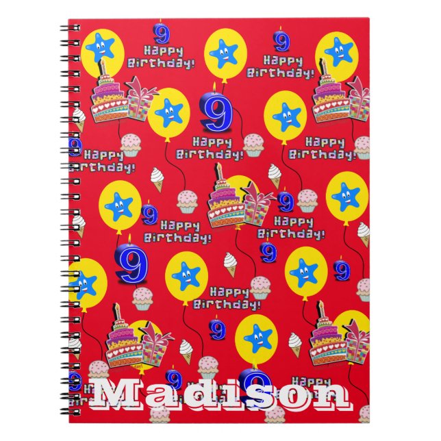 Carnet Cahier, #9 Joyeux 9e Anniversaire Notes Rouge (Devant)