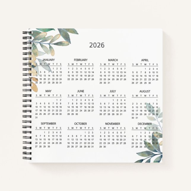 Carnet Calendrier Botanique Simple Élégant 2026 |  (Devant)
