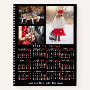 Carnet Calendrier mensuel 2026 noir personnalisé avec 9 p