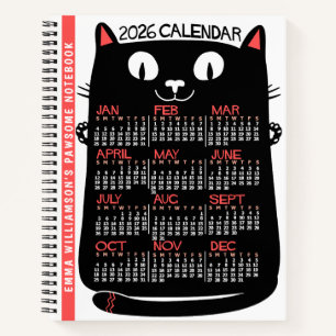 Carnet Calendrier mensuel de l'année 2026 Chat noir milie