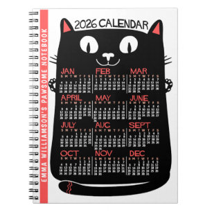 Carnet Calendrier mensuel de l'année 2026 Chat noir milie