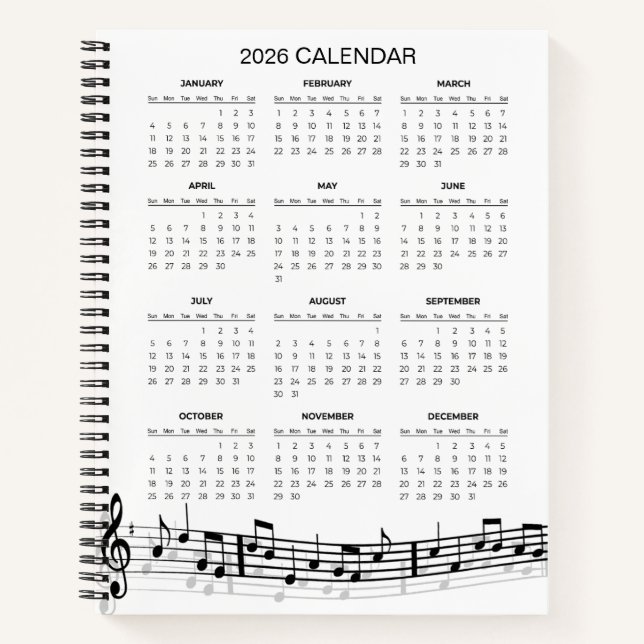 Carnet Calendrier simple 2026 avec notes de musique |  (Devant)