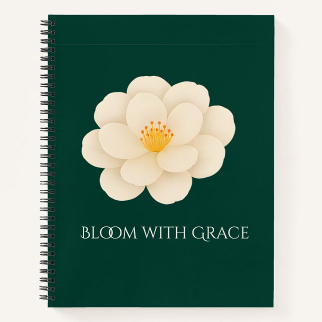 Carnet Camélia Blanc Élégant Floral Botanique Vert Foncé (Devant)