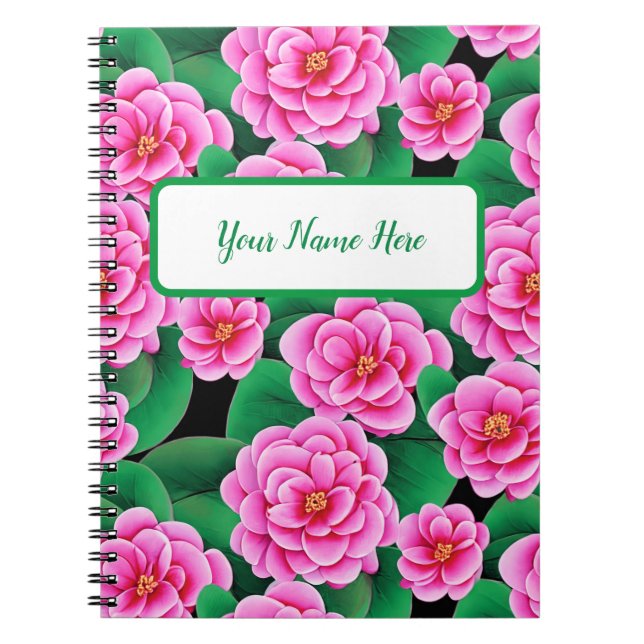 Carnet Camellias rose Fuchsia et Feuilles verts Jade (Devant)