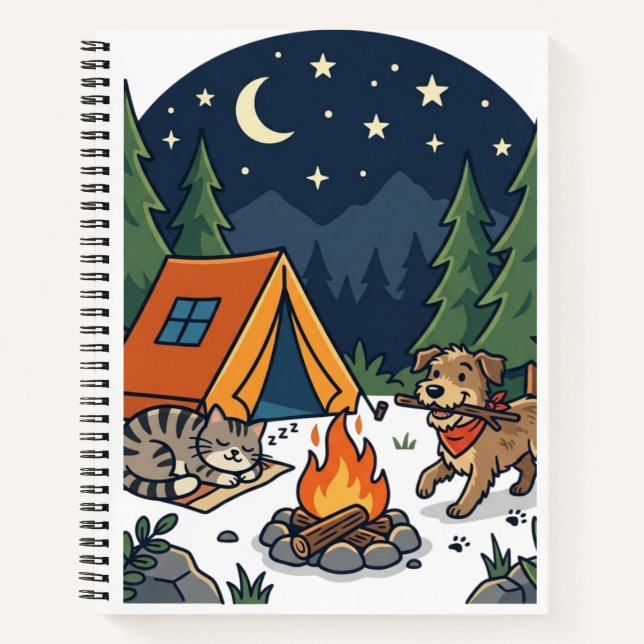 Carnet Camping Chat & Chien | Ciel nocturne mignon au feu (Devant)