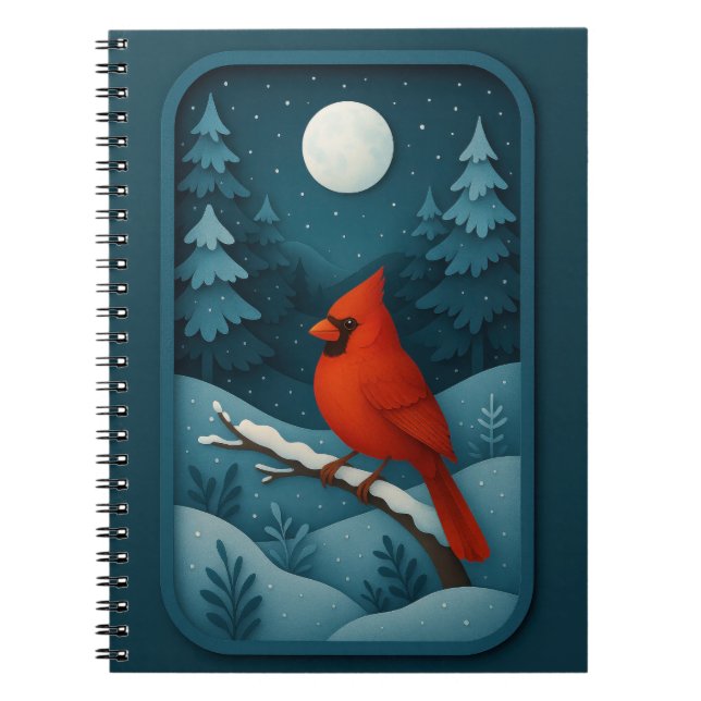 Carnet Cardinal au clair de lune dans la forêt hivernale (Devant)