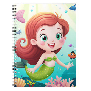 Carnet caricature fille sirène dans la mer avec du poisso