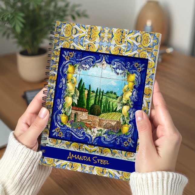 Carnet Carreau de majolique bleu d'été Monogramme Citron (Créateur téléchargé)