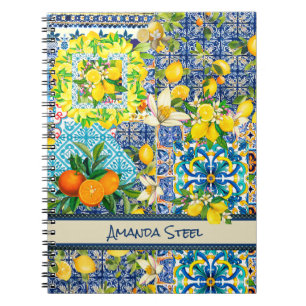 Carnet Carreaux fleuris d'agrumes siciliens bleu chic