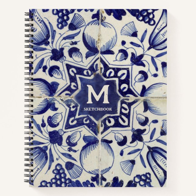 Carnet Carrelage blanc bleu géométrique vintage Monogramm (Devant)