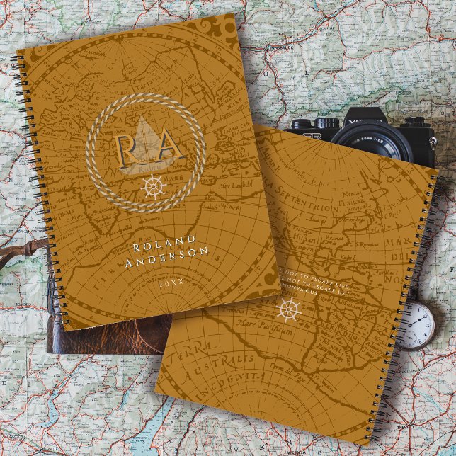 Carnet Carte de monogramme de corde nautique marron (Nautical Map Monogram Traveller Brown Notebook.)