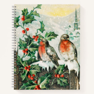 Carnet Carte de Noël vintage avec rouges-gorges, houx, ég