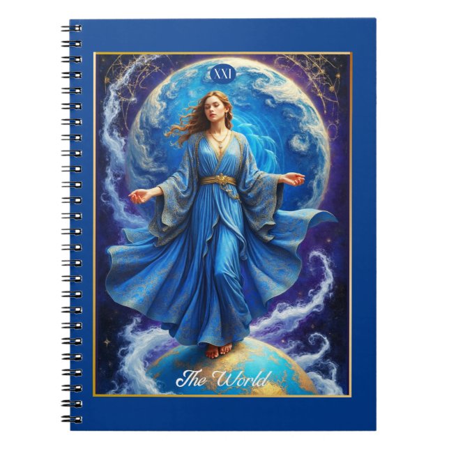 Carnet Carte de Tarot, le Monde, en Bleu Profond  (Devant)