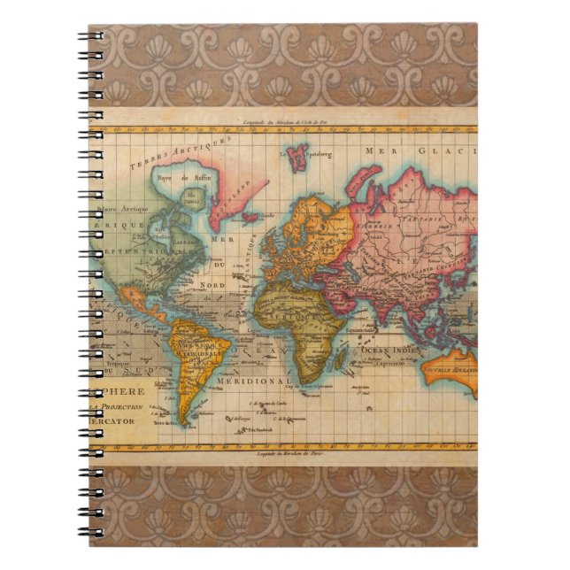 Carnet Carte du Monde 1780 Bonne Antique Planisphère  (Devant)